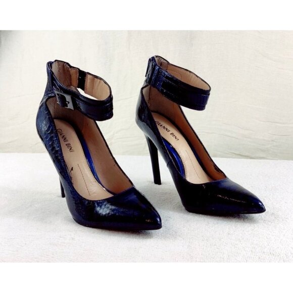 Ankle Strap Gianni Bini Stiletto Pump Patent Leather Navy Blue Embossed Shinny - Picture 9 of 11